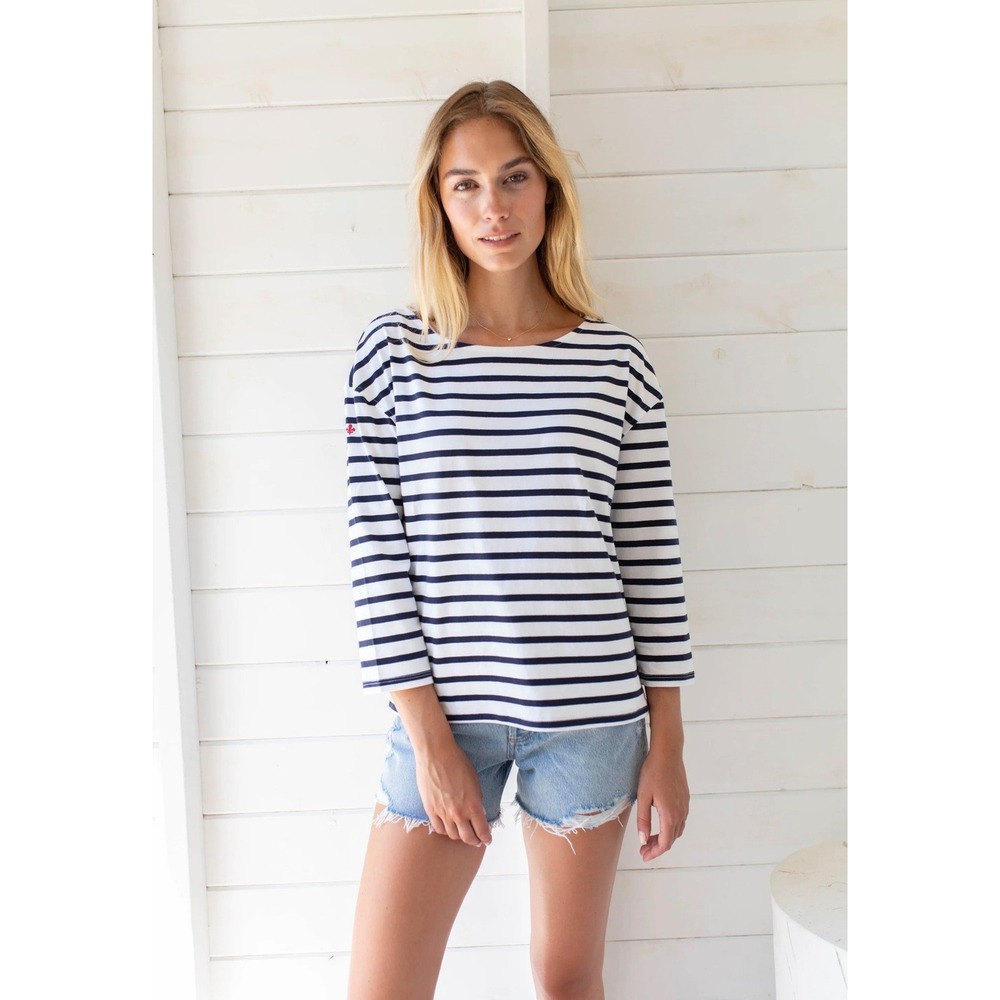 Marea by Liz Joy Mariner Top XL Navy White Striped Coastal Nautical Preppy